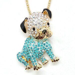 Blue Sitting BULLDOG Puppy Dog Pendant Necklace
